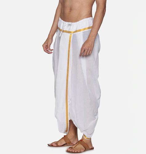Men White & Gold-Coloured Solid Readymade Cotton Dhoti Pant